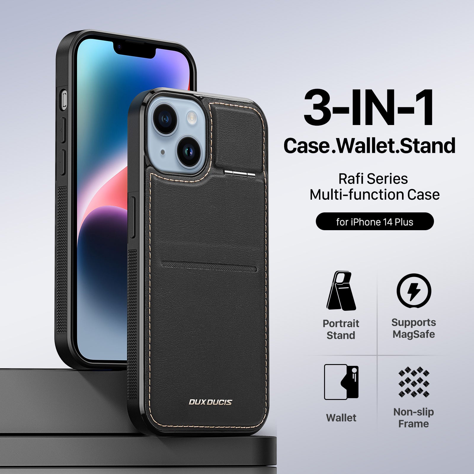 DUX DUCIS Rafi Series for iPhone 14 Plus RFID Blocking Leather PC TPU Cover Card Holder Kickstand Magnetic Phone Case DUX DUCIS Rafi Series for iPhone 14 Plus RFID Blocking Leather PC TPU Cover Card Holder Kickstand Magnetic Phone Case